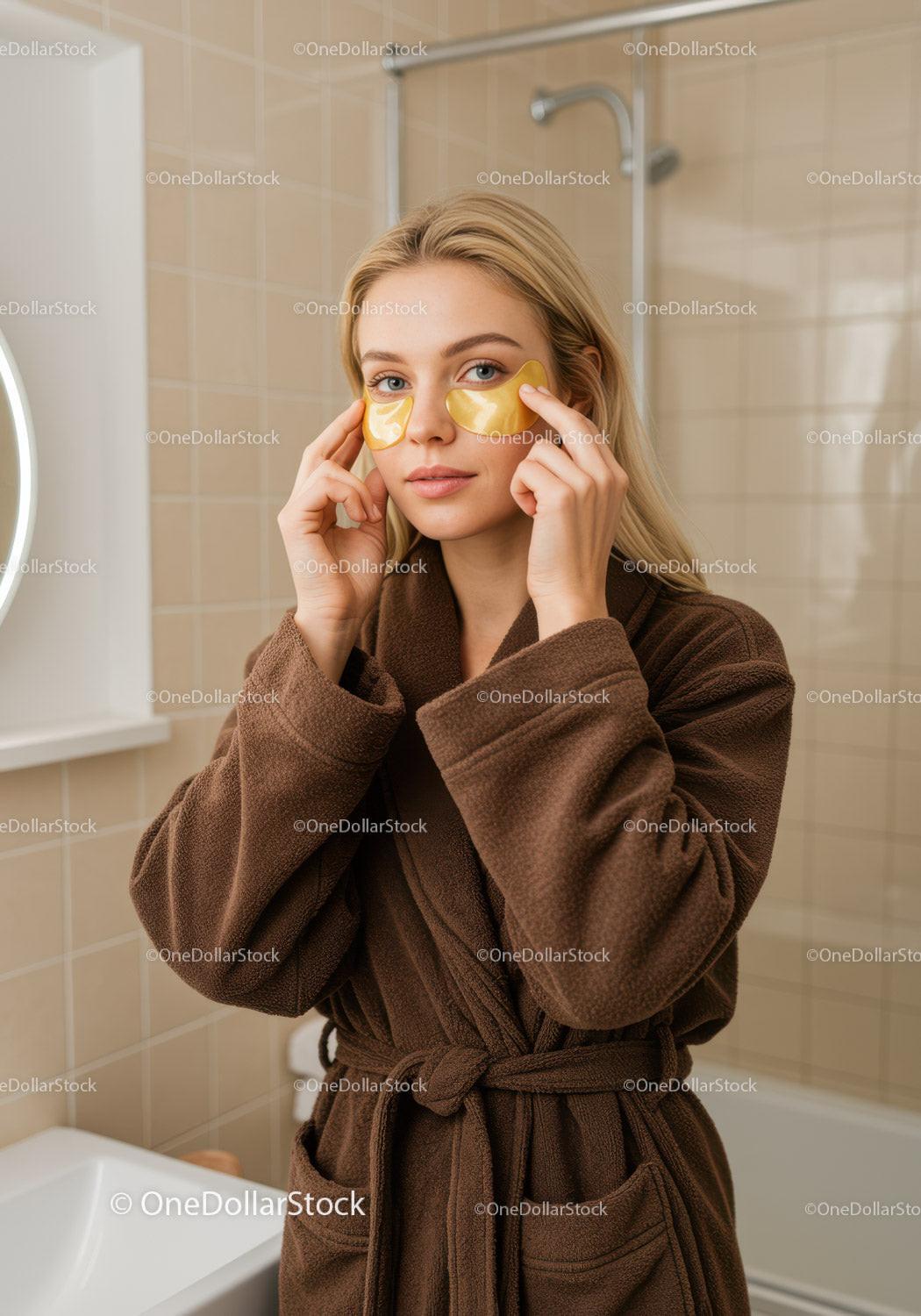 Young Woman Applying Under Eye Patches in Bathroom for Skincare