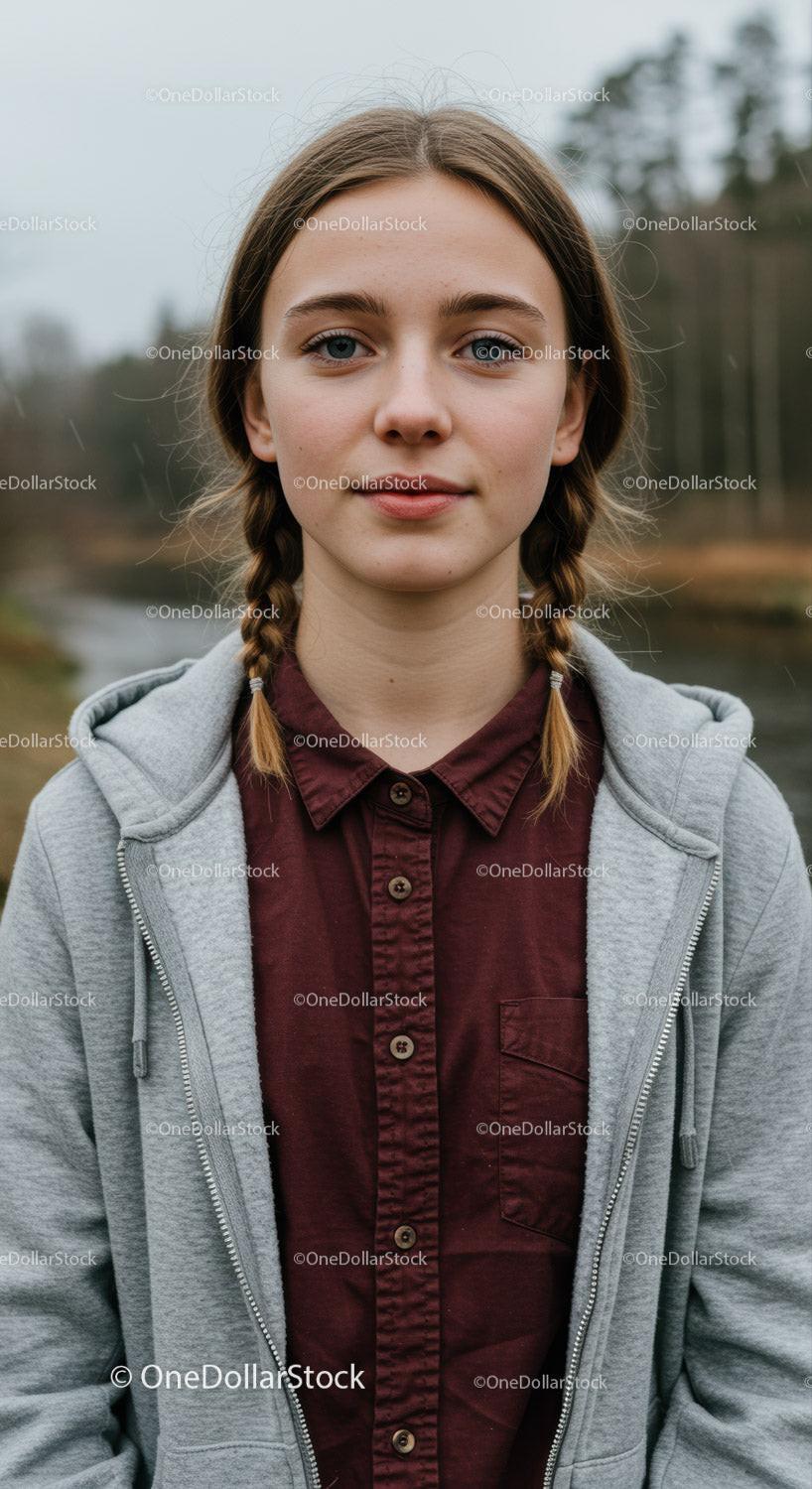 Portrait of a Young Woman in Casual Outfit Outdoors with Nature Background