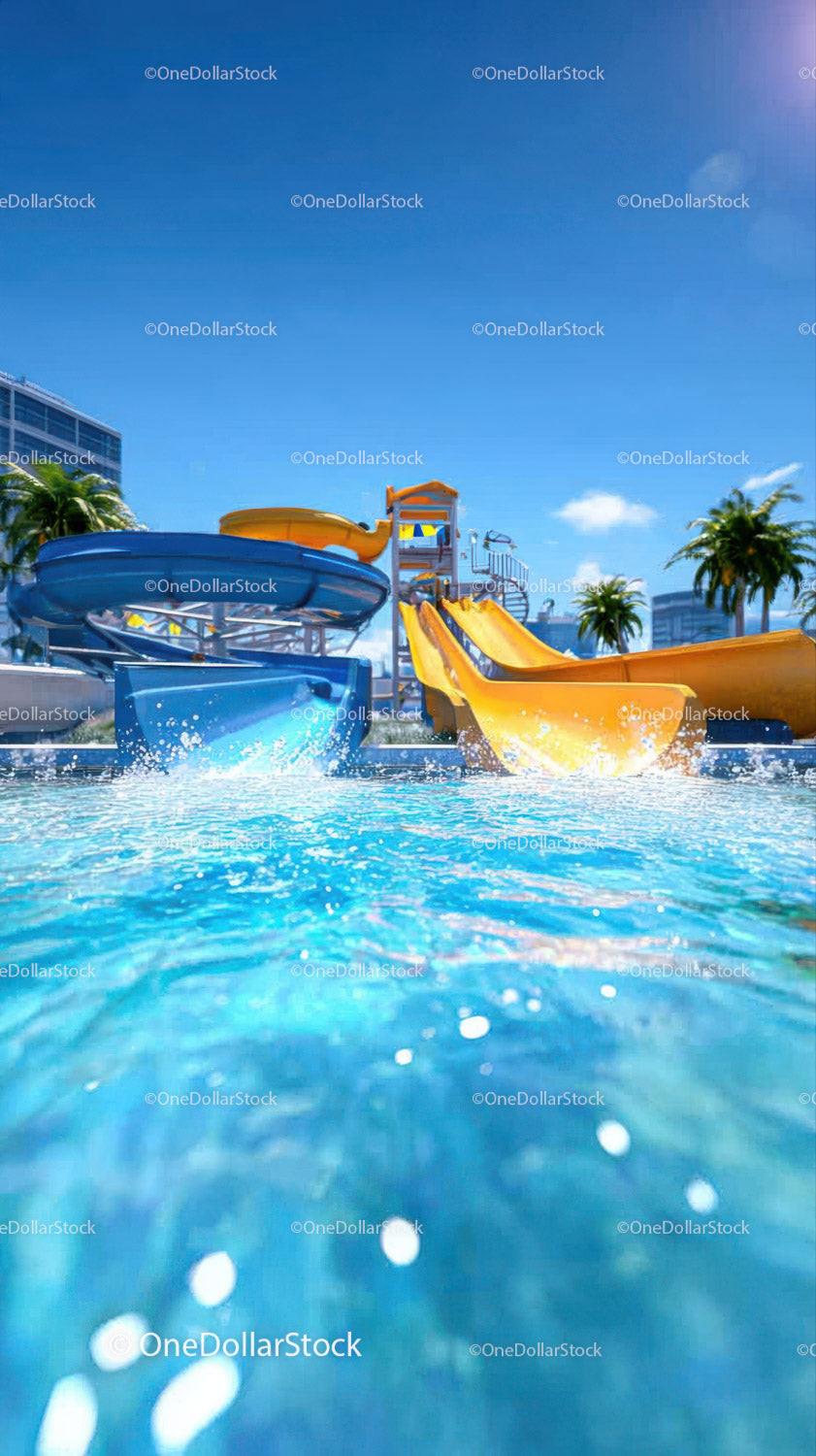 Colorful Water Slides at Outdoor Pool in Sunny Urban Setting