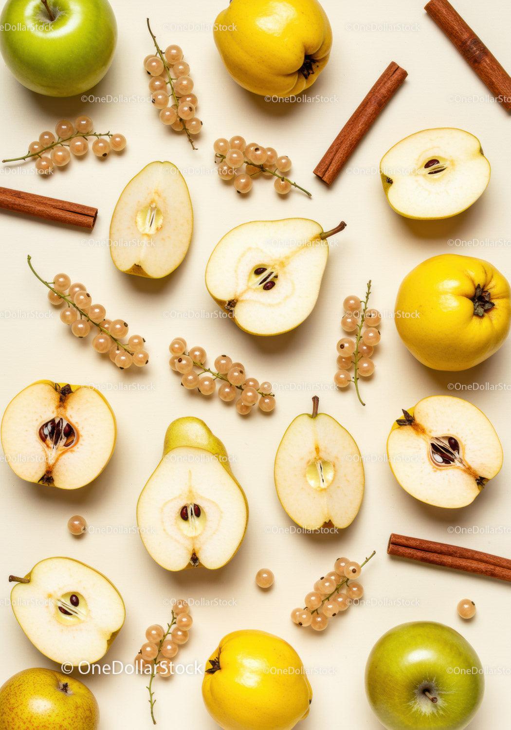 Assorted fresh pears and apples with white currants and cinnamon