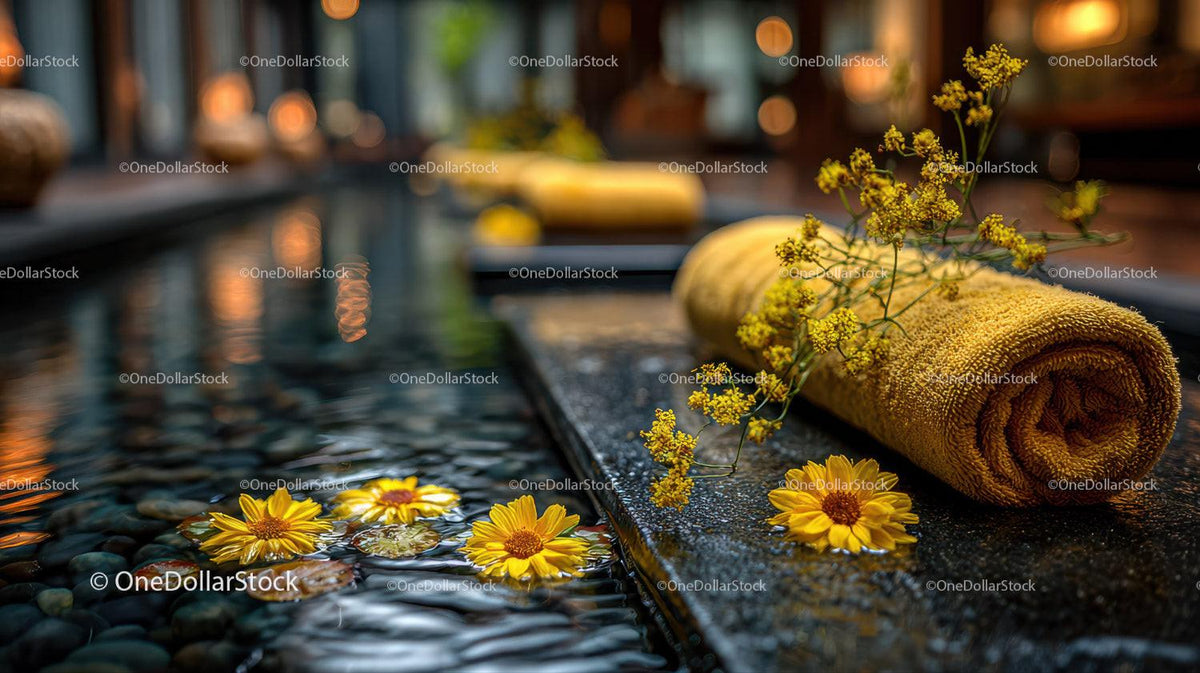 Serene Outdoor Spa Scene with Yellow Towel and Water Lilies Stock Photo Bundle preview 25