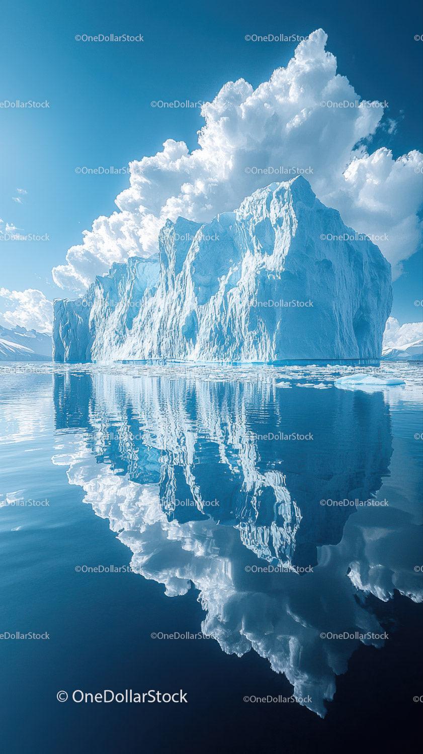 stock photo bundle made with Majestic Blue Iceberg Reflecting in Calm Polar Waters Under Bright Sun Stock Photo Bundle