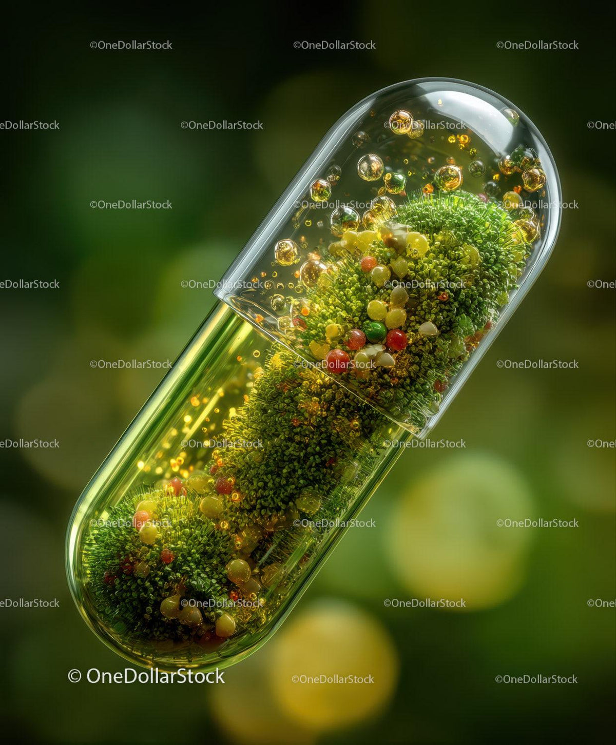 Transparent capsule with green spheres and colorful beads inside with bubbles
