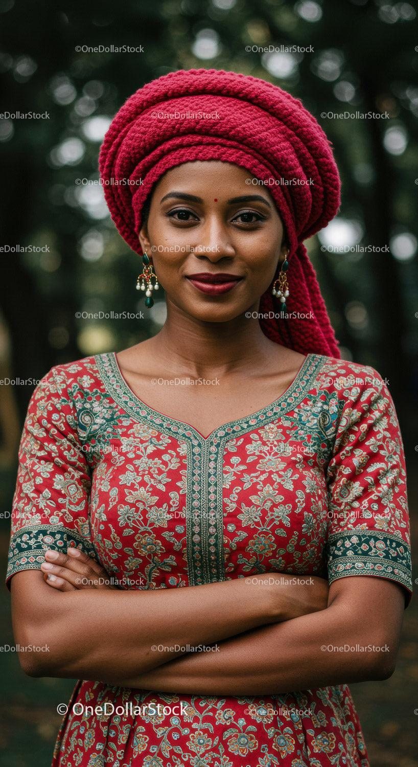 Confident woman wearing vibrant traditional red turban