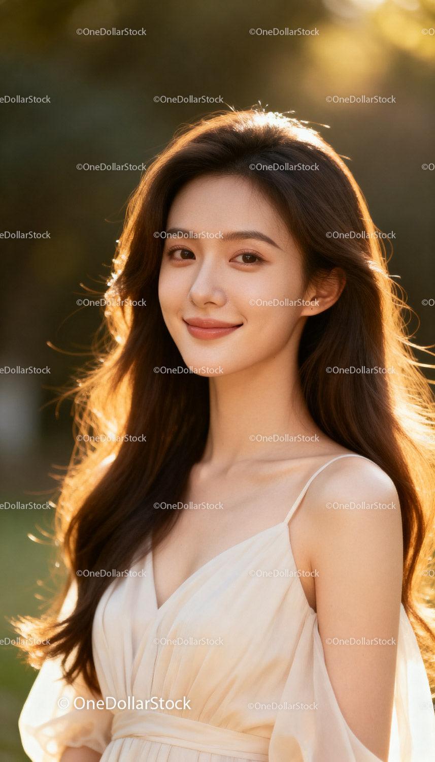 Smiling young woman in elegant dress outdoors at sunset