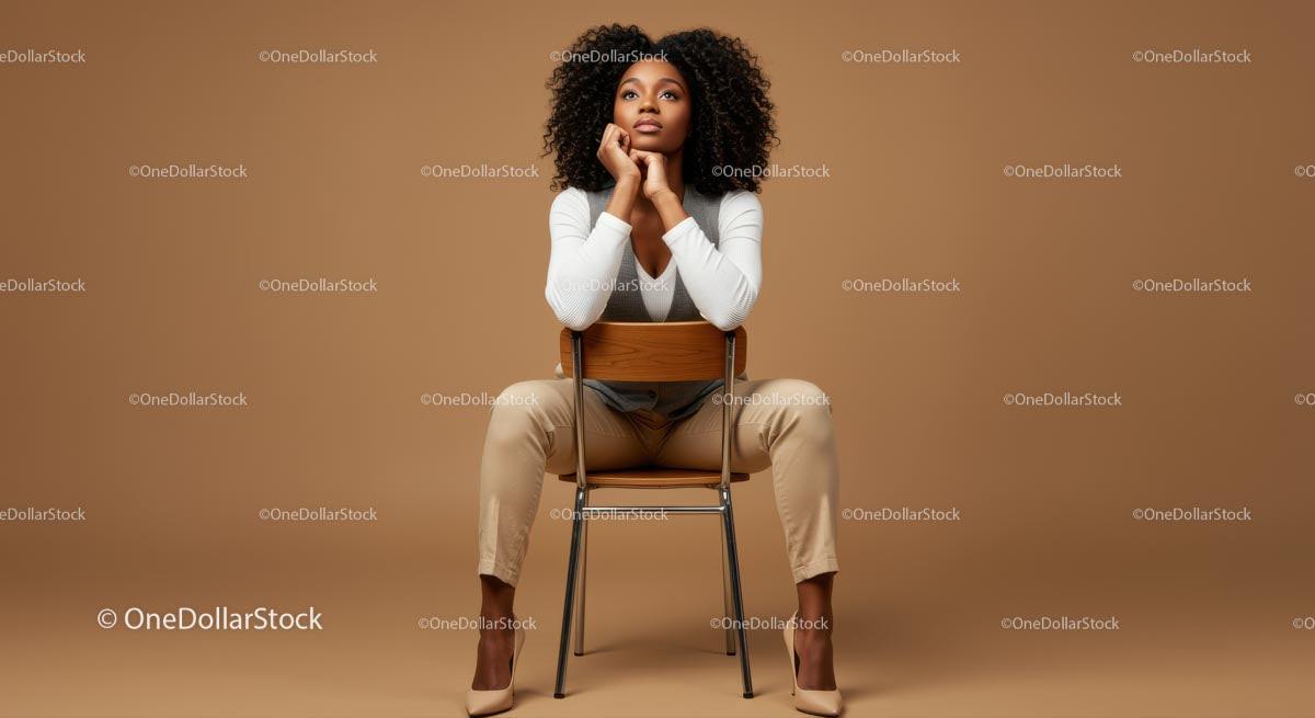 Thoughtful Woman Seated in Elegant Attire Against Brown Background Stock Photo Bundle preview 45