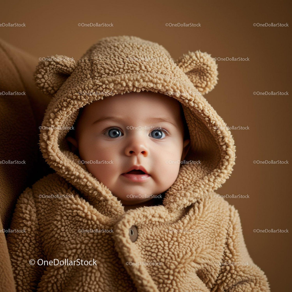 Adorable baby in cozy teddy bear hoodie looking curious