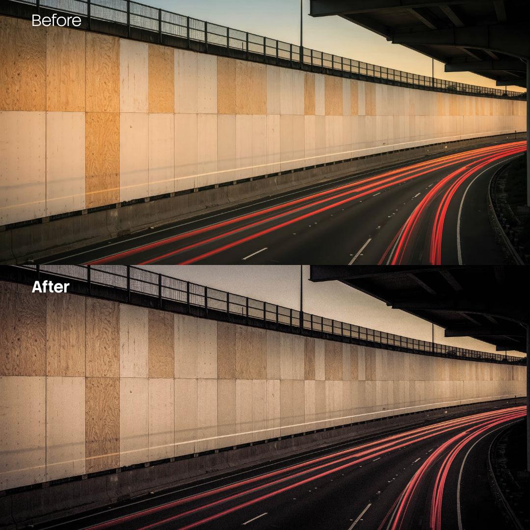 Before and after Cinematic Streets Grain Lightroom preset edit