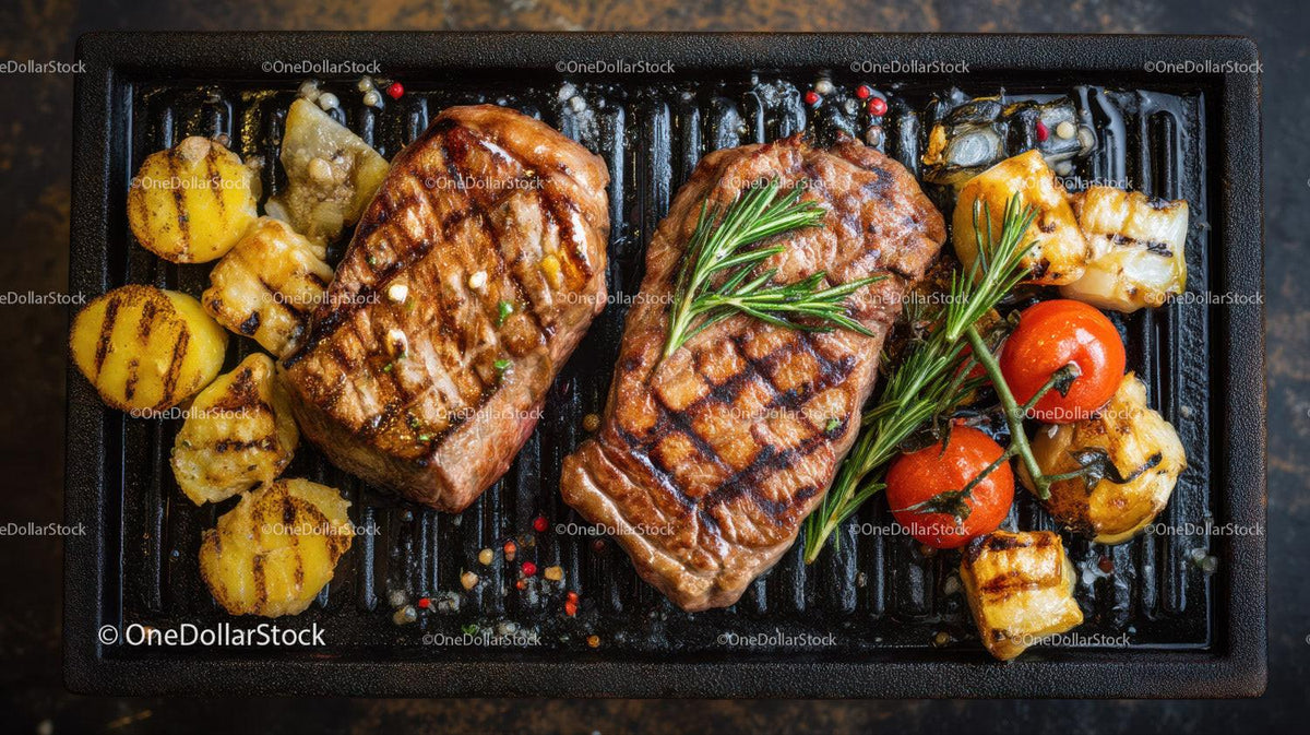 Grilled Beef Steaks with Cherry Tomatoes and Roasted Potatoes
