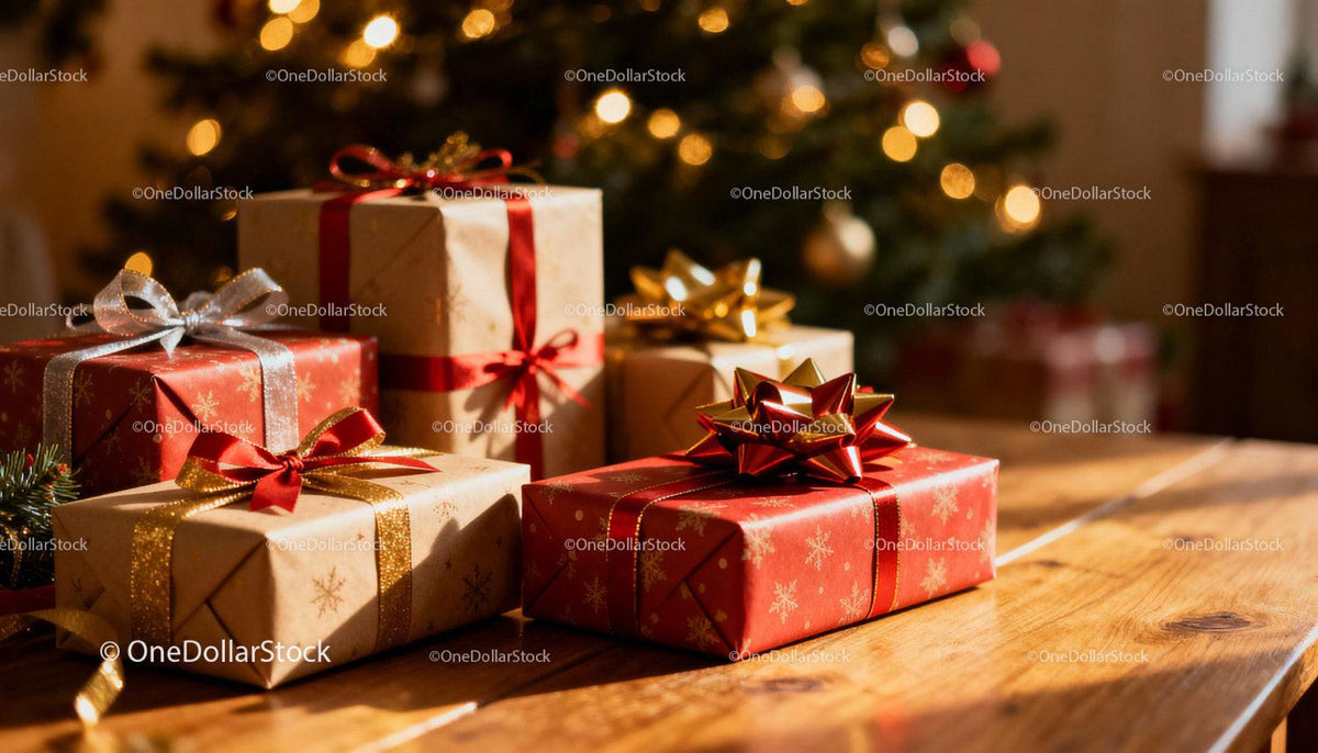 Festive Christmas gifts wrapped with ribbons on wooden table