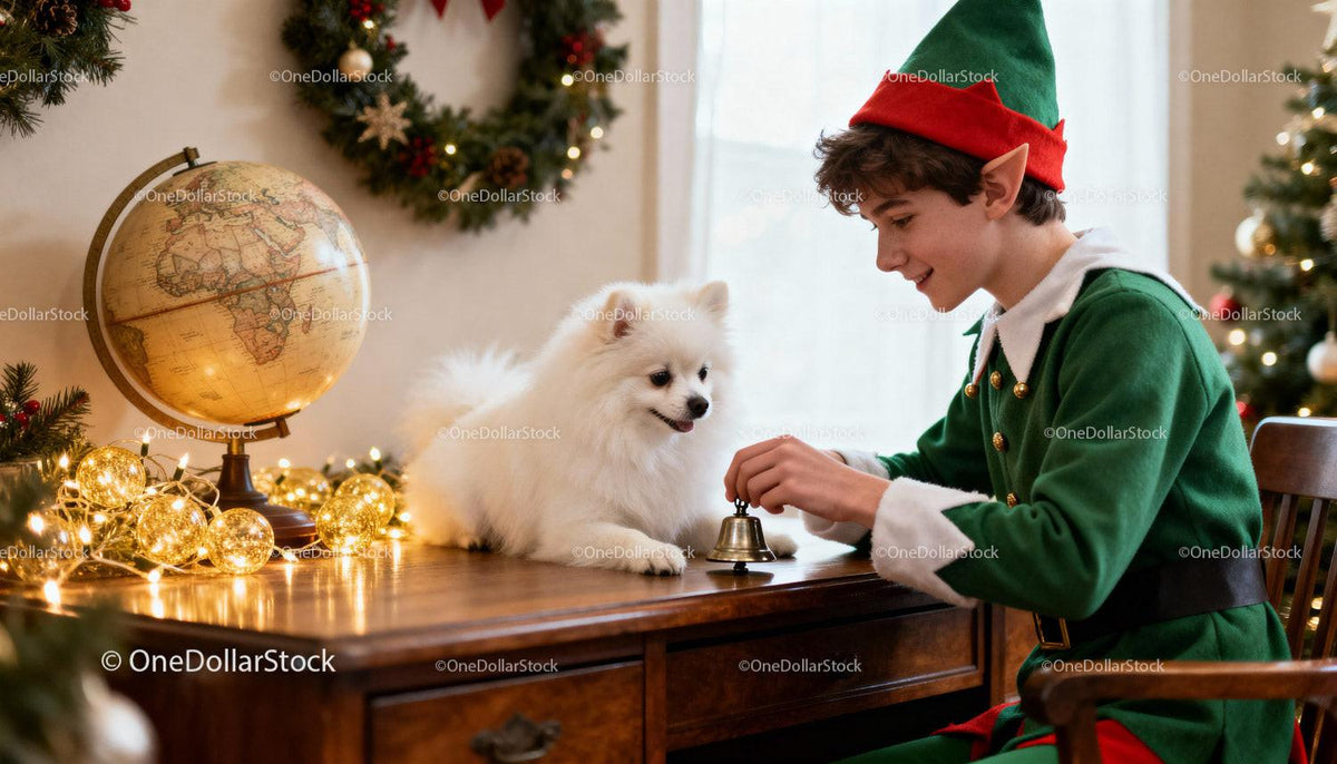 Boy dressed as elf playing with small dog at Christmas table