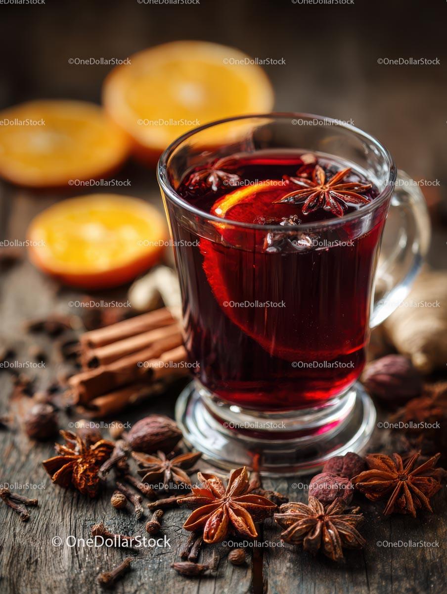 Delicious Mulled Wine with Spices and Orange Slices Stock Photo Bundle preview