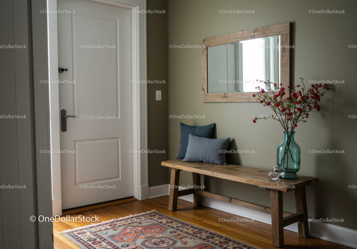 Rustic Entryway with Wooden Bench and Red Berry Decor