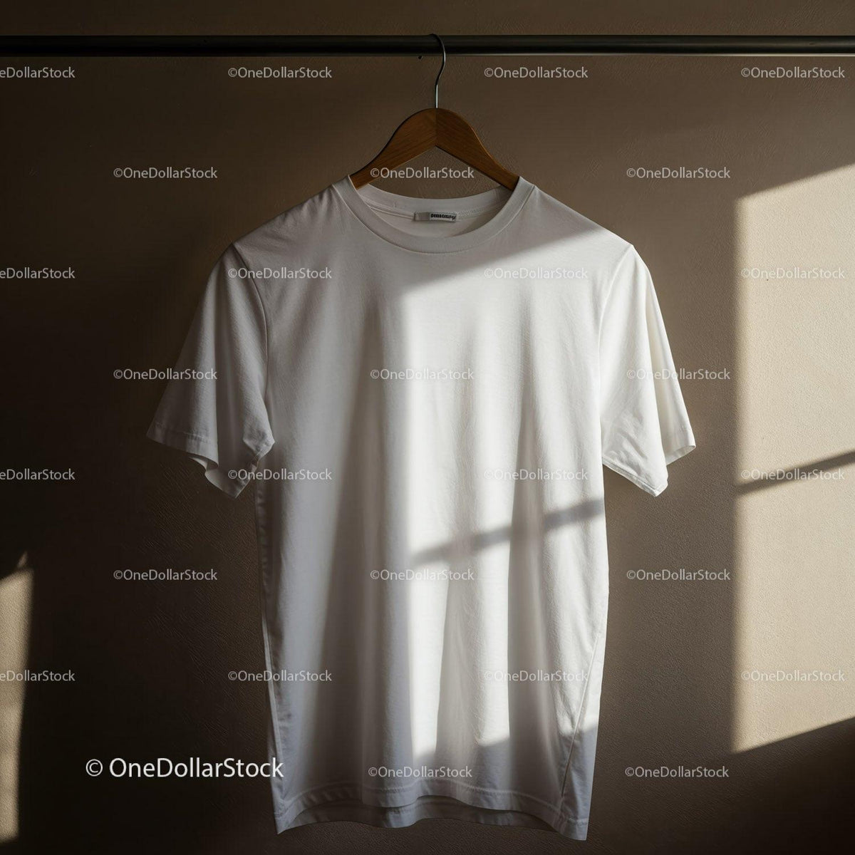 Minimalist White T Shirt Hanging on Wooden Hanger JPG Mockup Image preview
