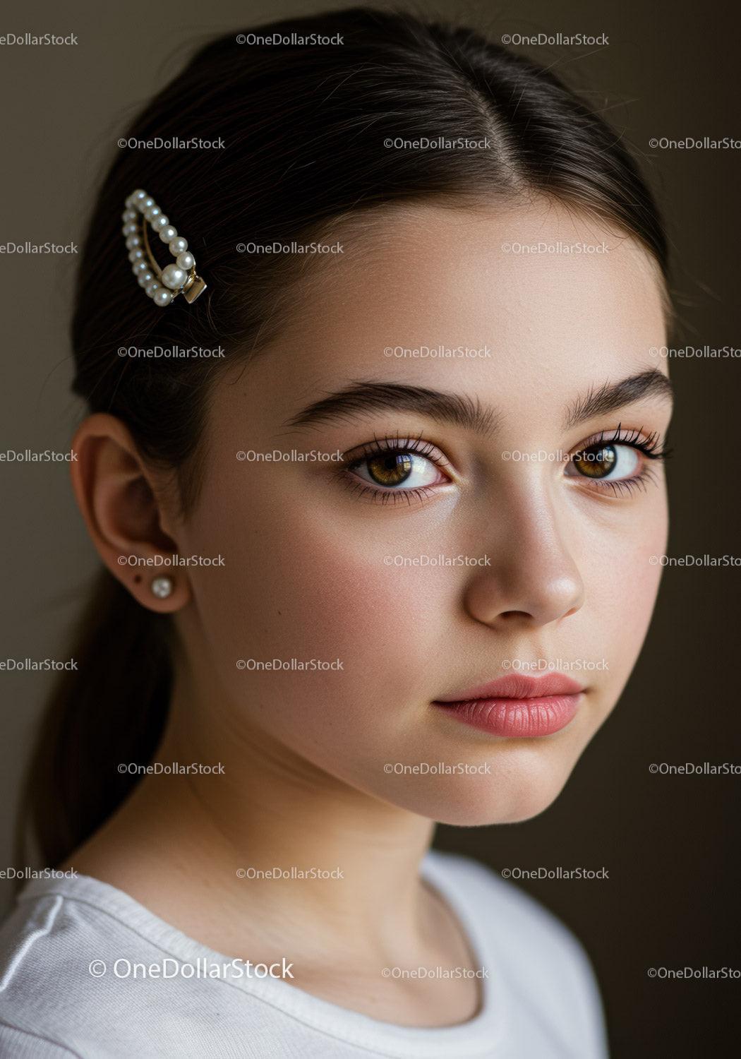 Elegant Young Woman with Brown Eyes and Pearl Hair Clip