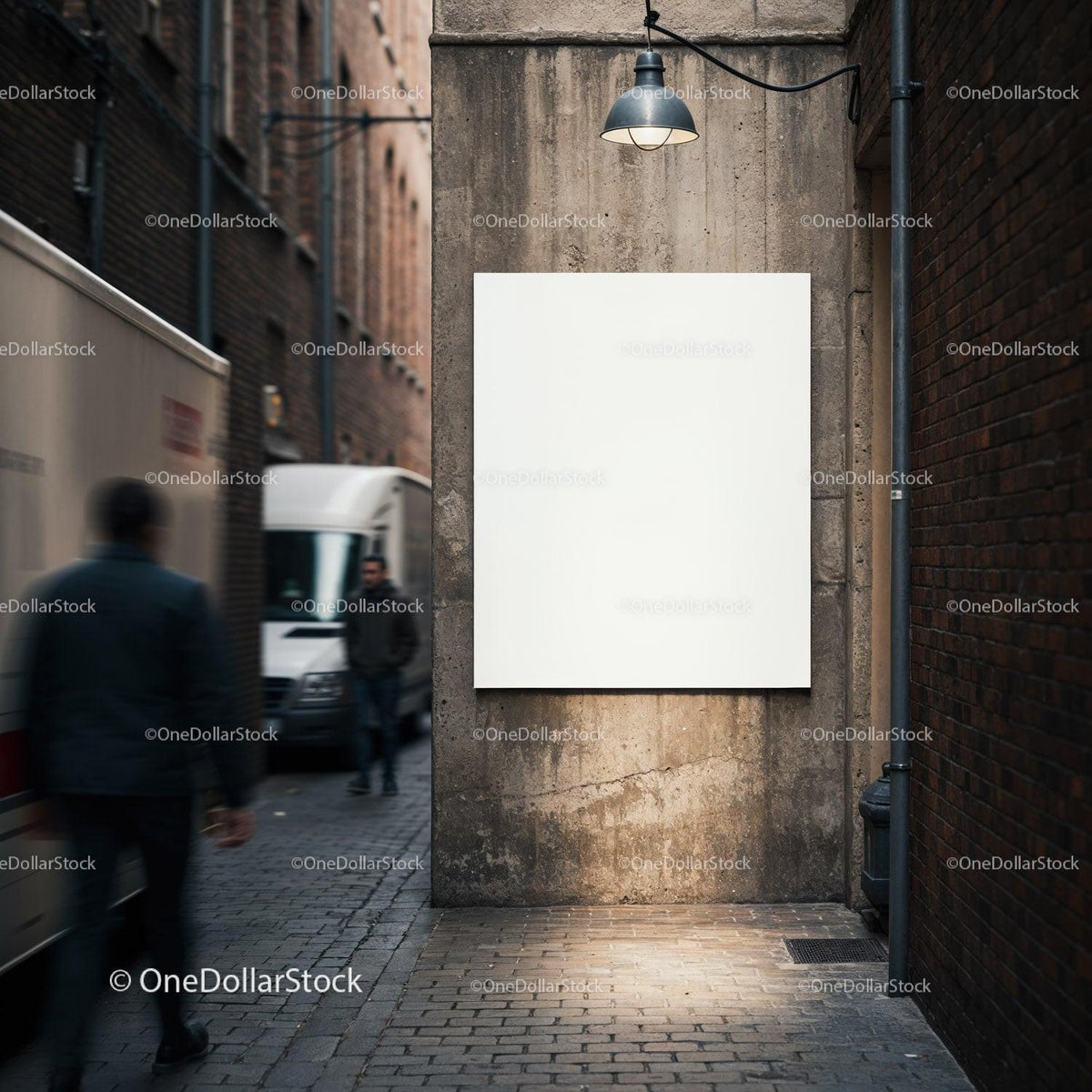 Blank white poster on urban alley wall at night JPG Mockup Image preview