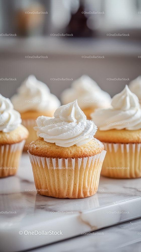 Fresh Vanilla Cupcakes with Creamy Frosting for Dessert or Snack