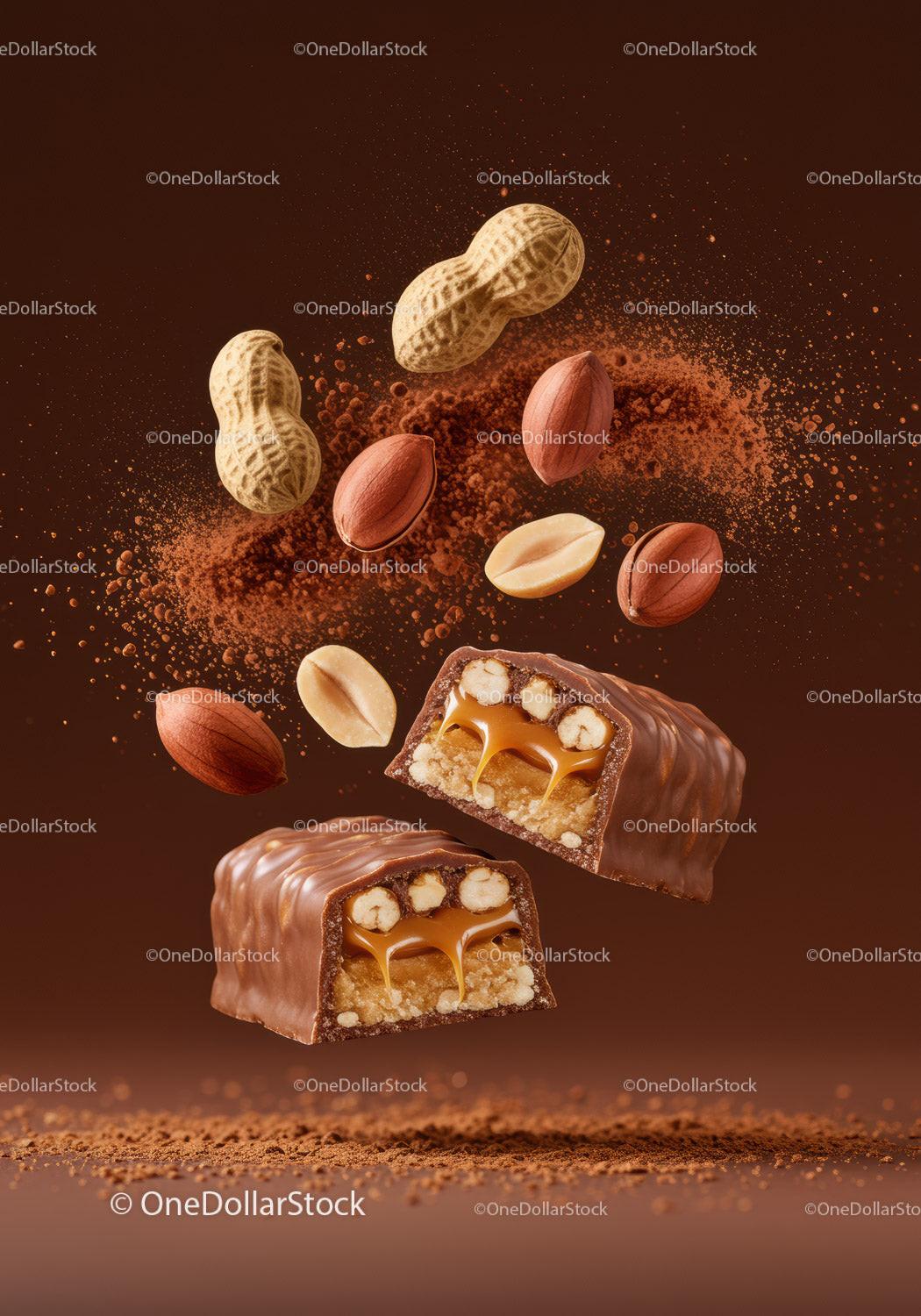 Chocolate Peanut Caramel Candy Bar with Nuts Closeup