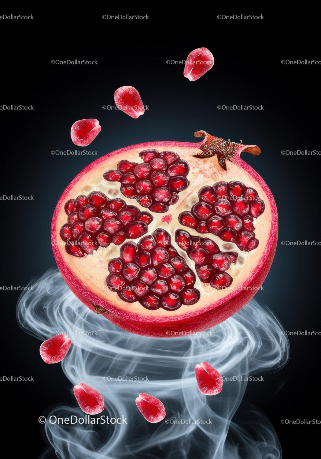 Fresh pomegranate half with seeds floating on smoke