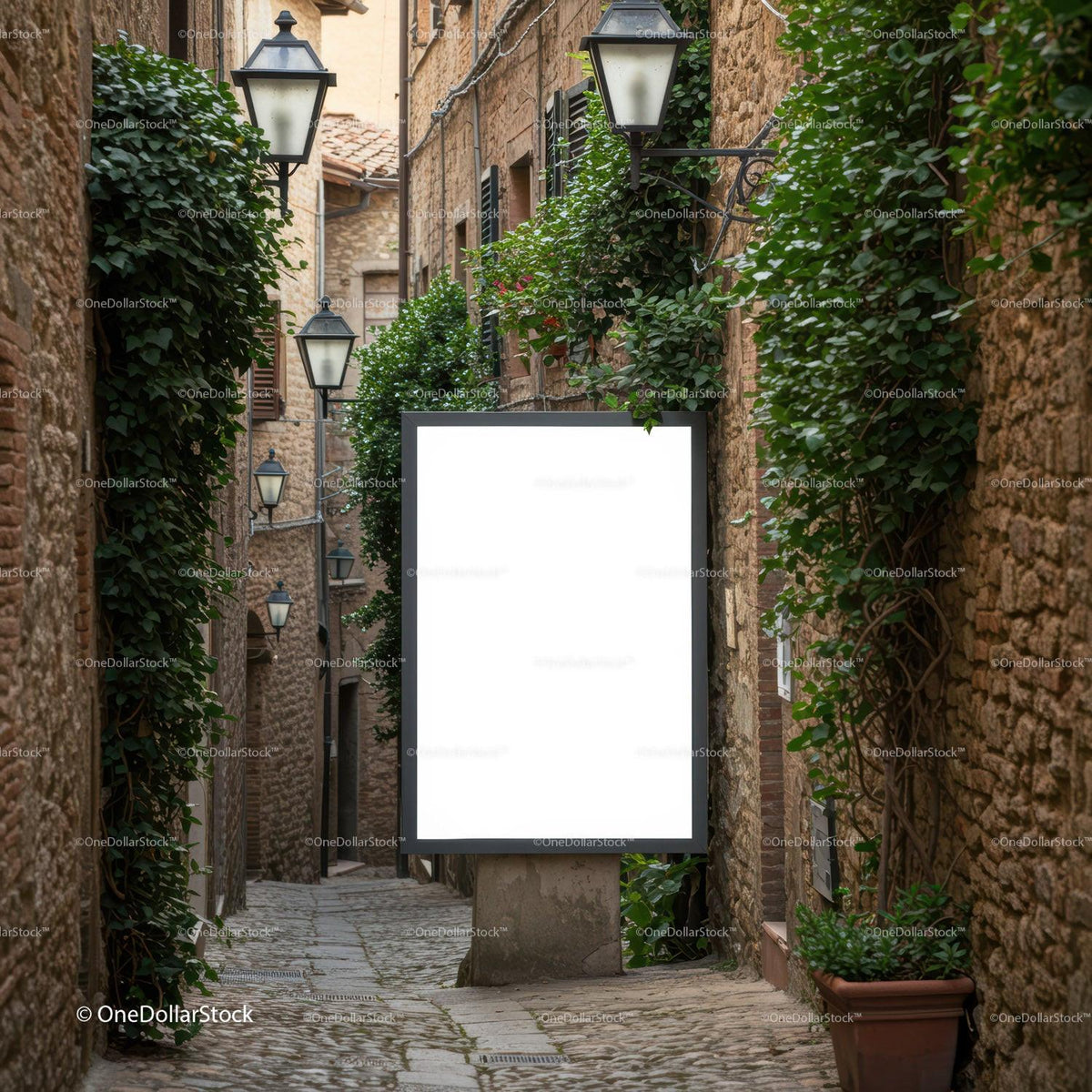 Narrow Cobblestone Alley with Vintage Lamps and Greenery JPG Mockup Image preview