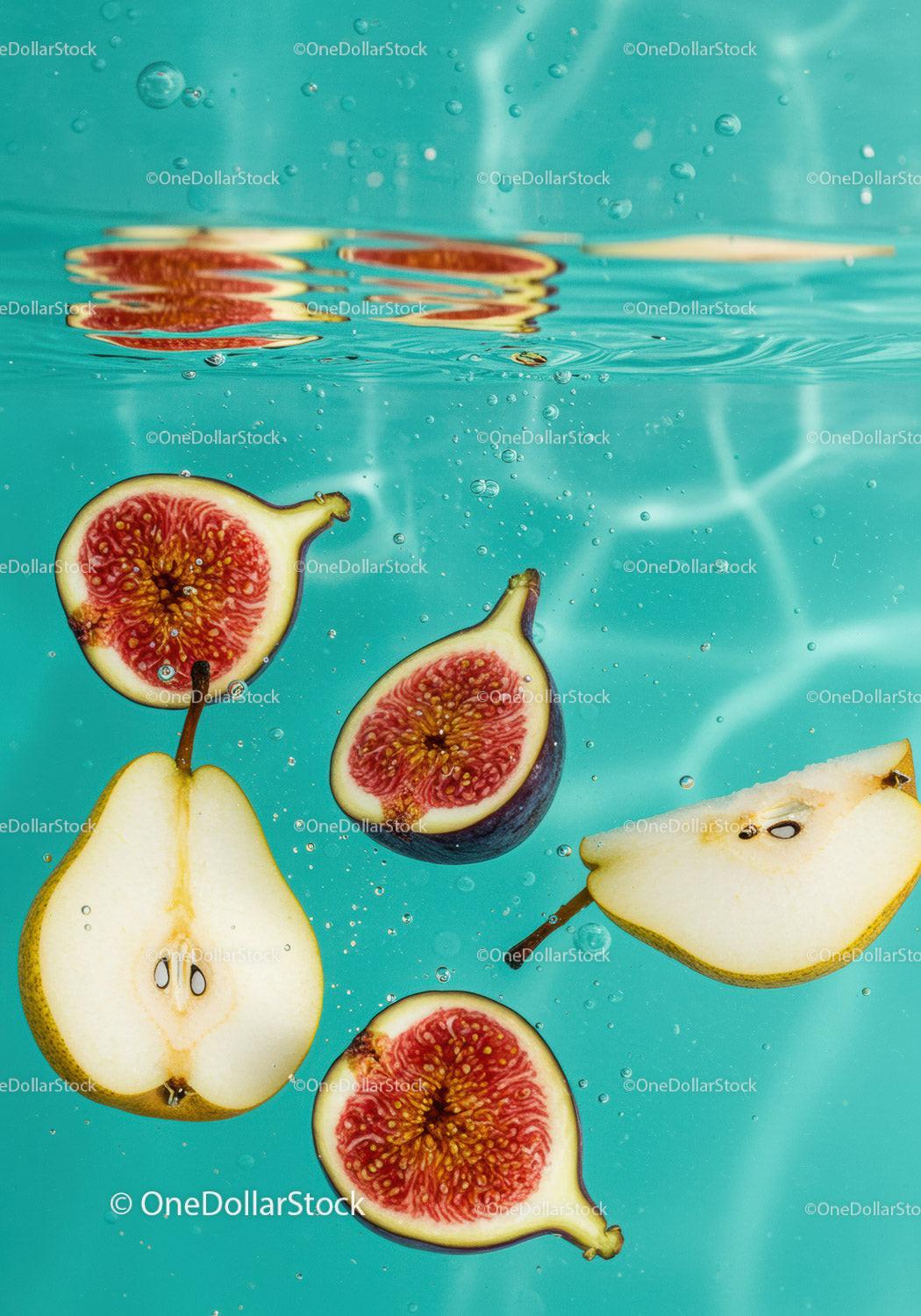 Fresh figs and pears submerged in clear turquoise water