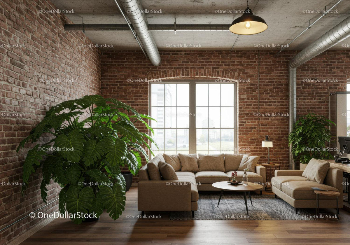 Contemporary Living Room with Green Foliage and Exposed Brick Wall