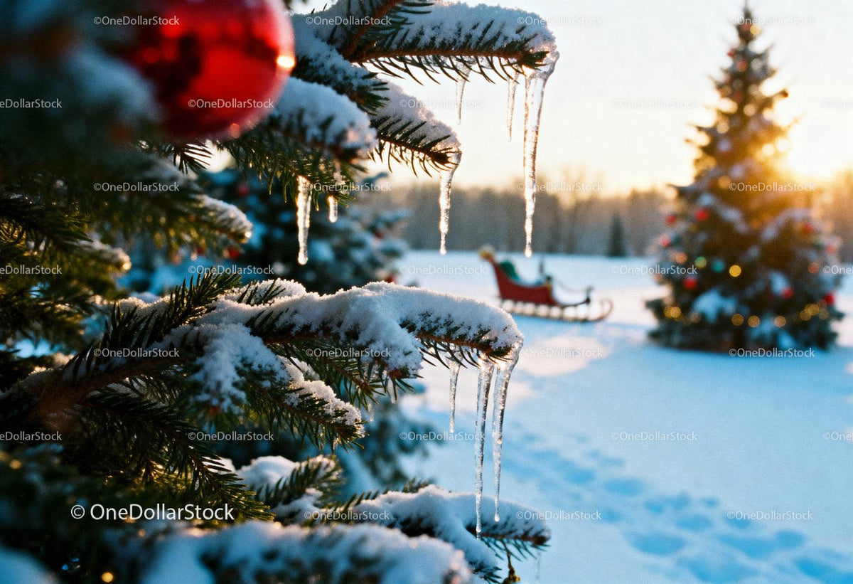Snowy pine branches with icicles and festive sleigh