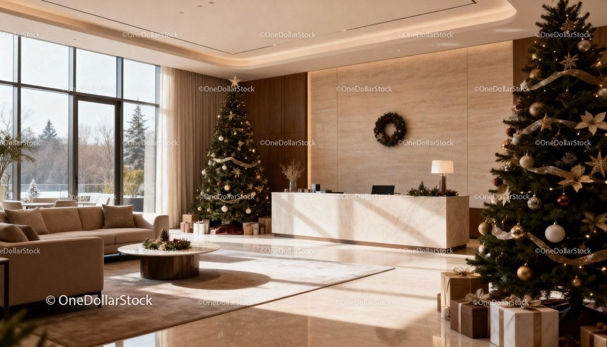 Modern Lobby with Festive Christmas Decorations and Tree