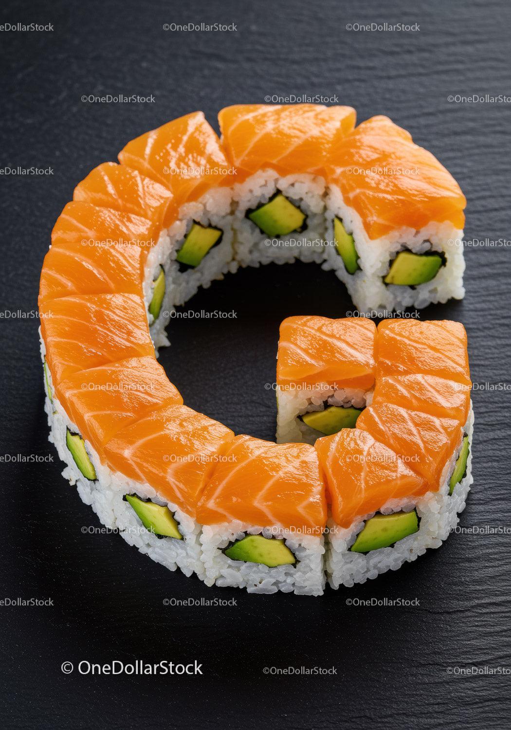 Fresh salmon and avocado sushi rolls arranged in a ring