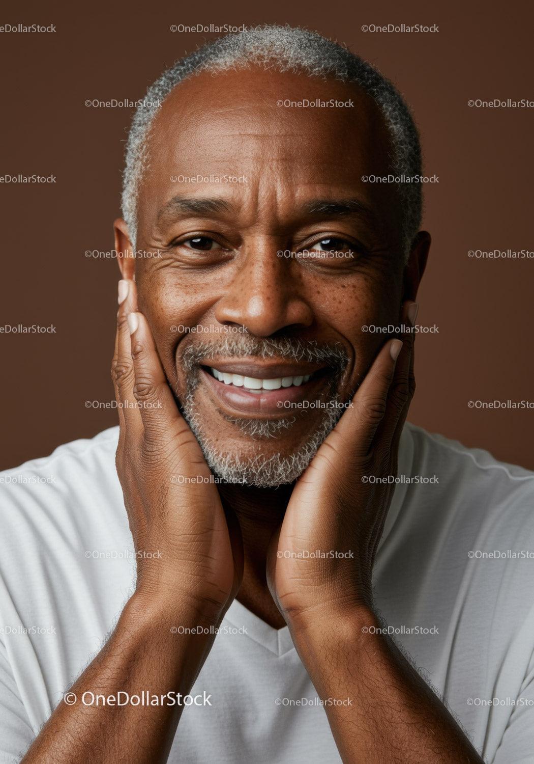 Close-Up of Elderly Man Smiling Joyfully with Gray Hair and Freckles