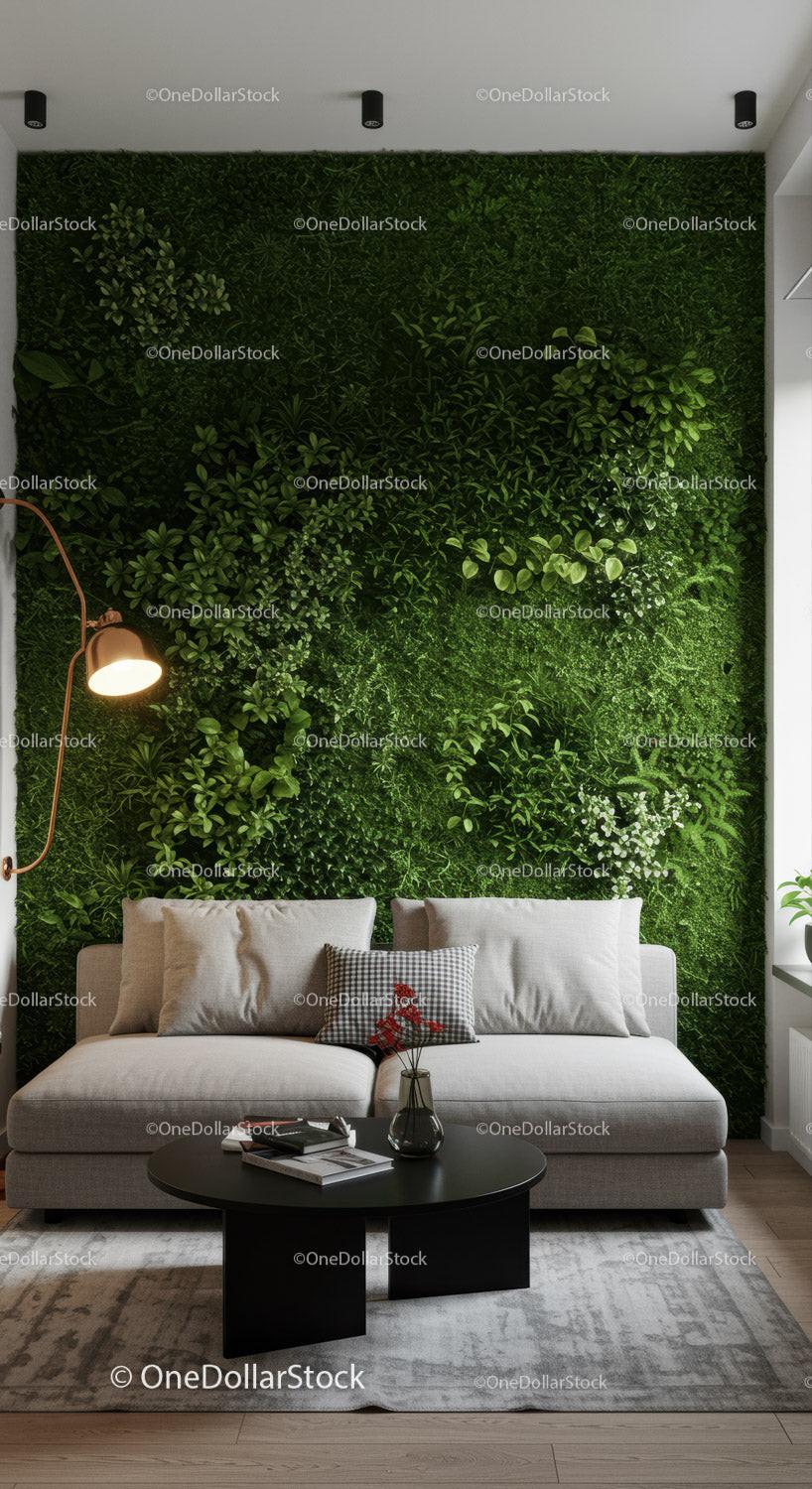 Green Moss Wall in Modern Cozy Living Room for Relaxing Ambience