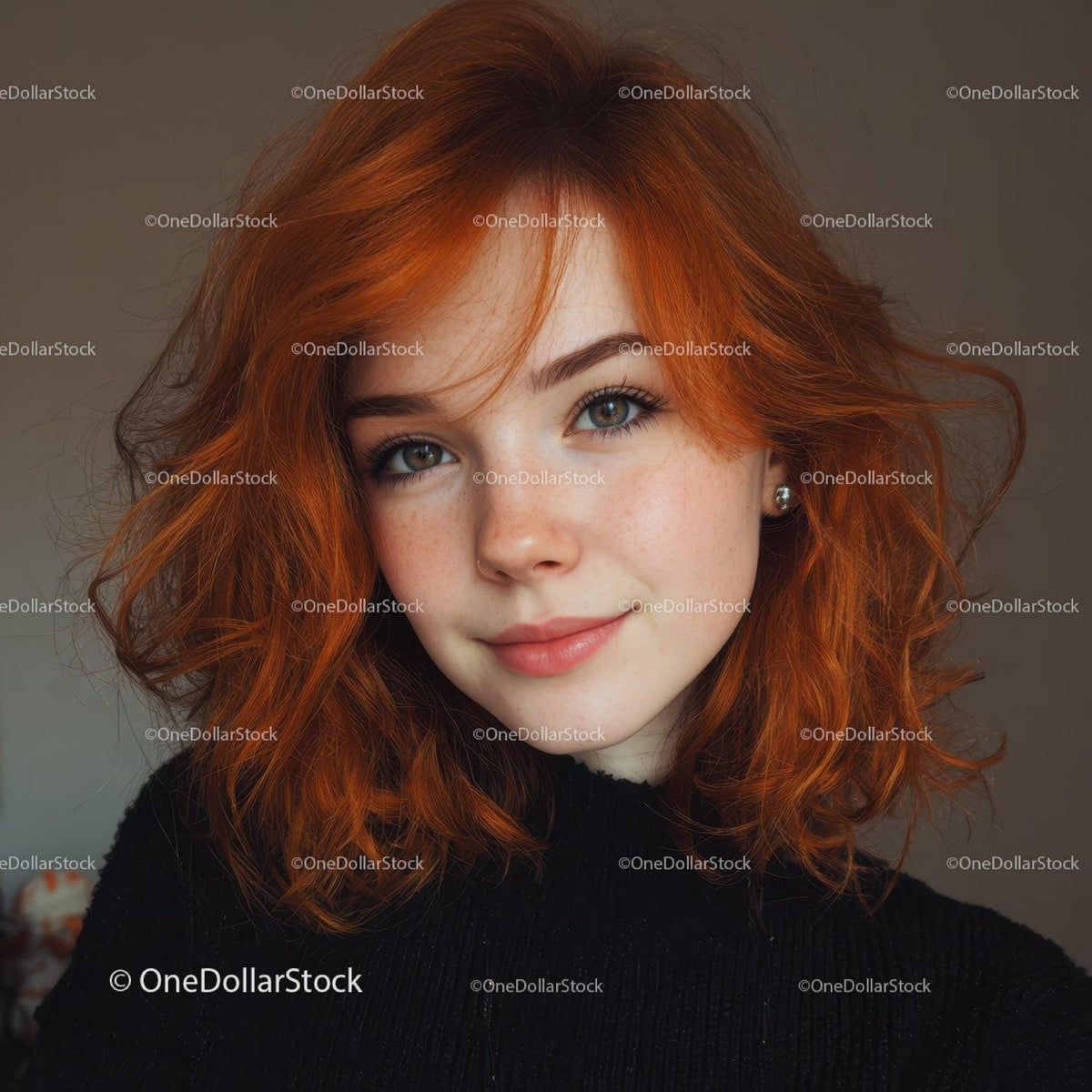 Portrait of Beautiful Young Woman with Red Wavy Hair and Blue Eyes