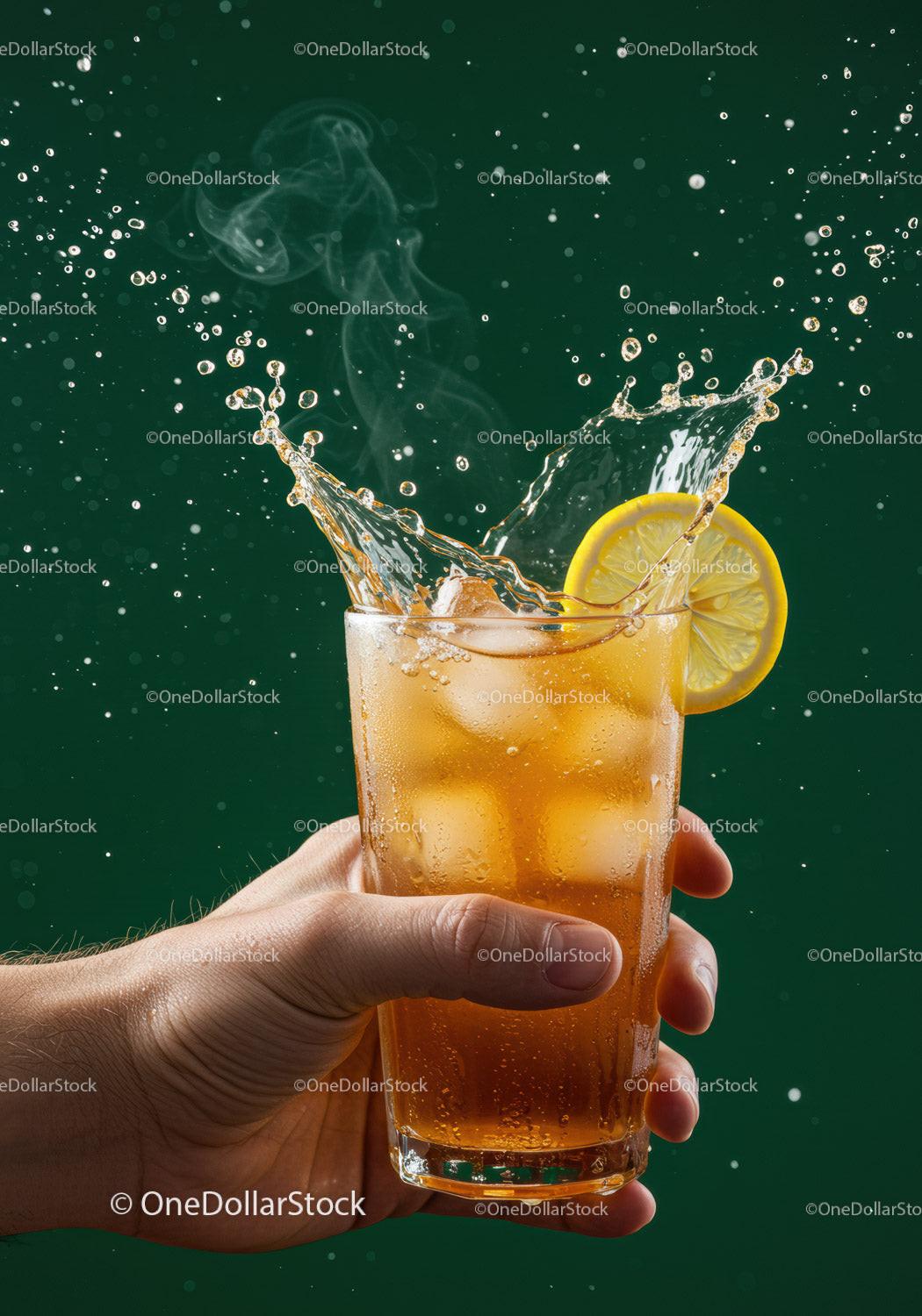 Refreshing iced tea splash with lemon slice