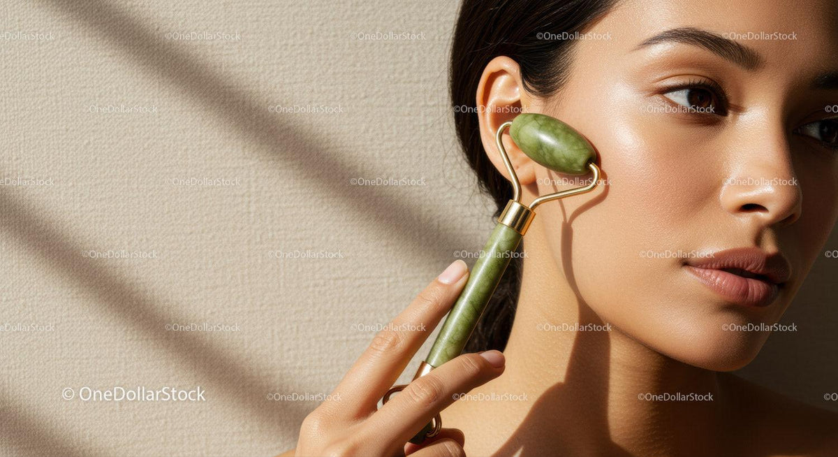 Young Woman Performing Facial Massage with Jade Roller for Glowing Skin