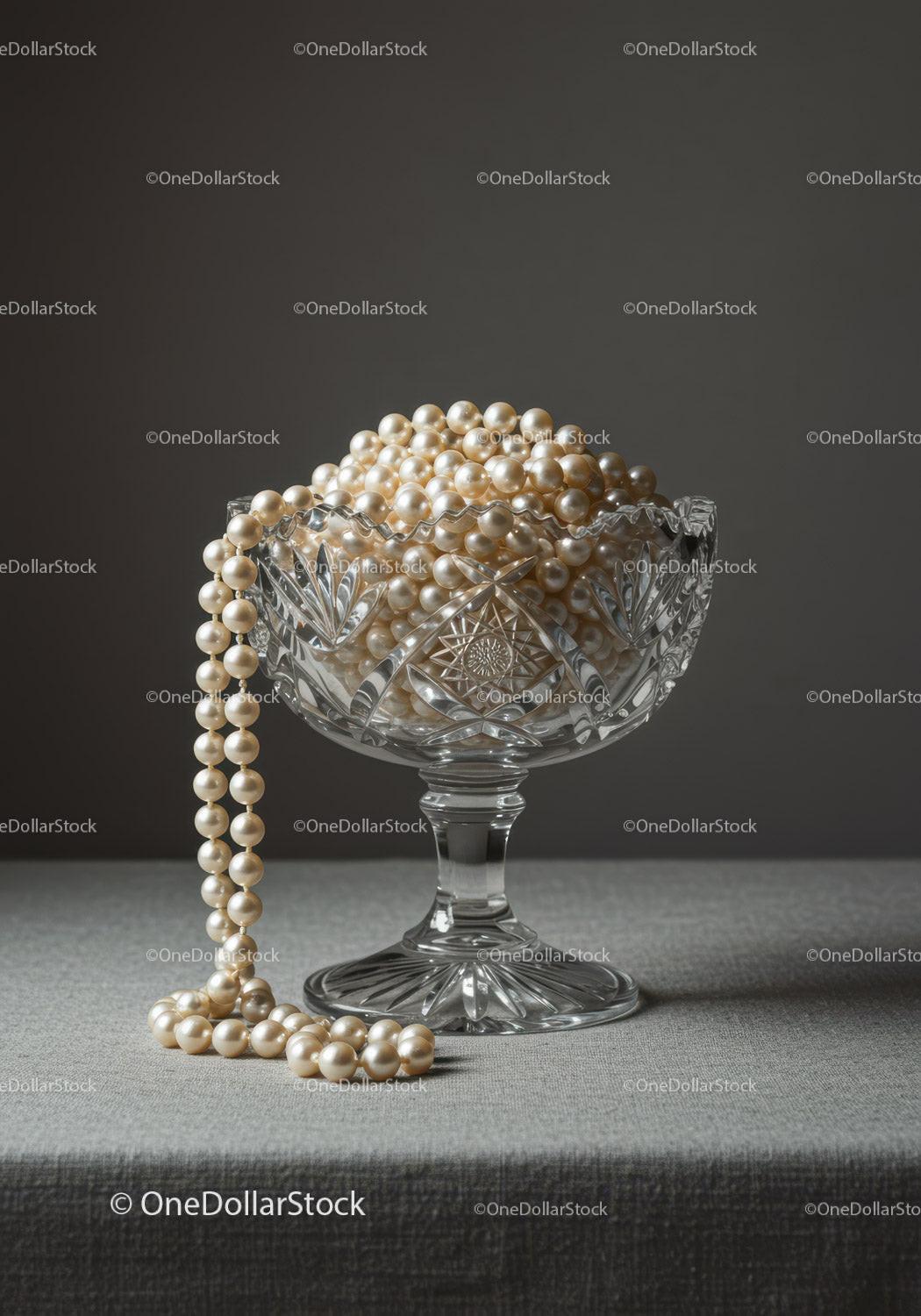 Elegant Pearl Necklace in Crystal Bowl for Luxury Jewelry Display