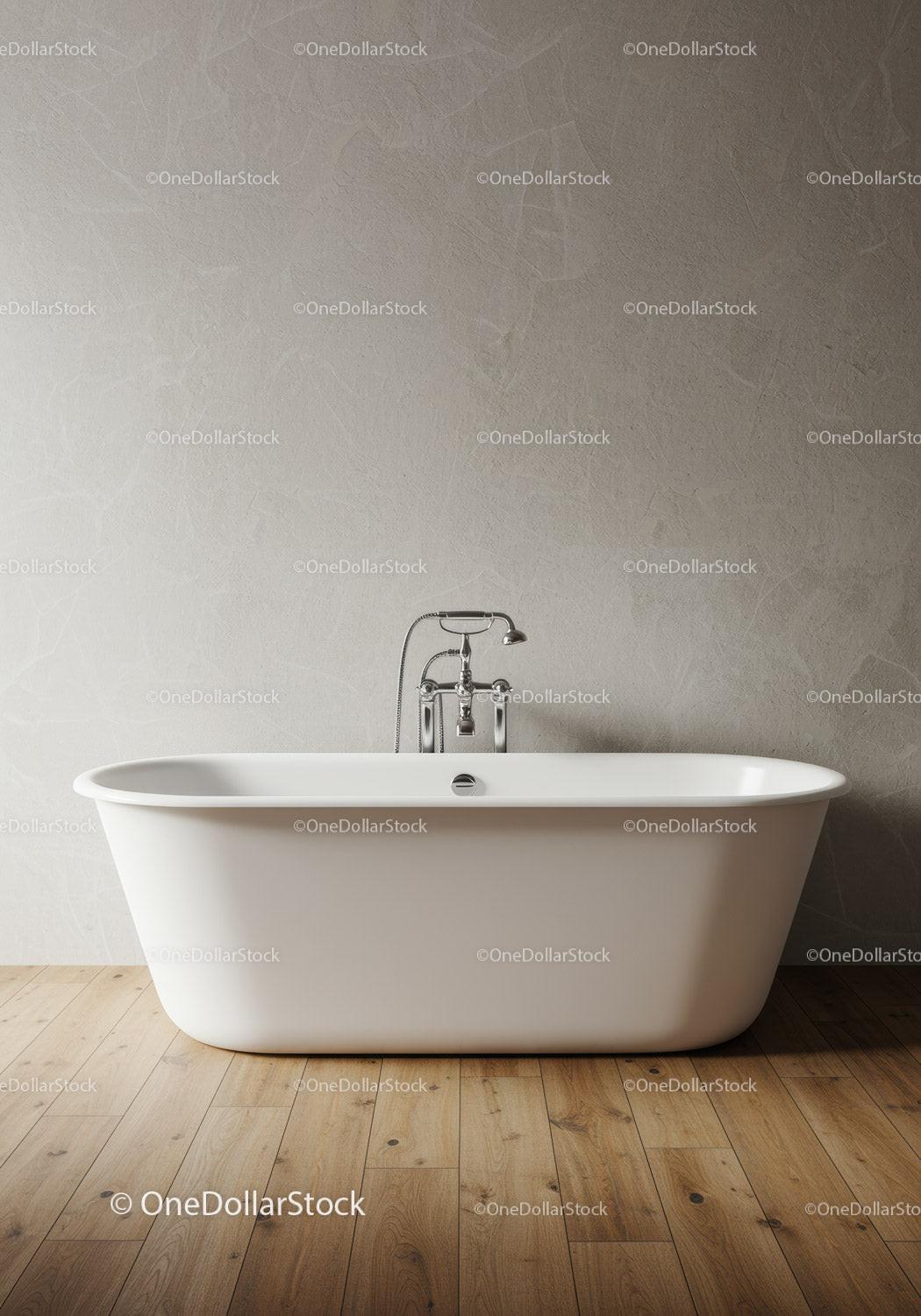 Modern White Bathtub in Minimalist Bathroom with Wooden Floor