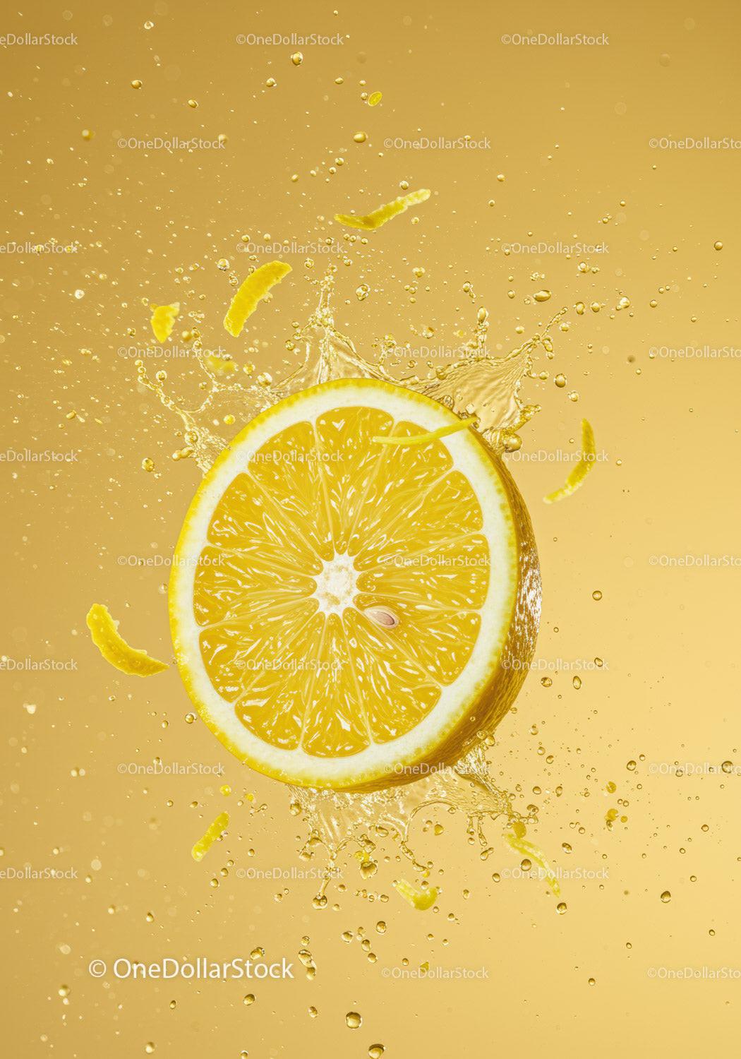 Fresh lemon slice bursting with vibrant juice splash