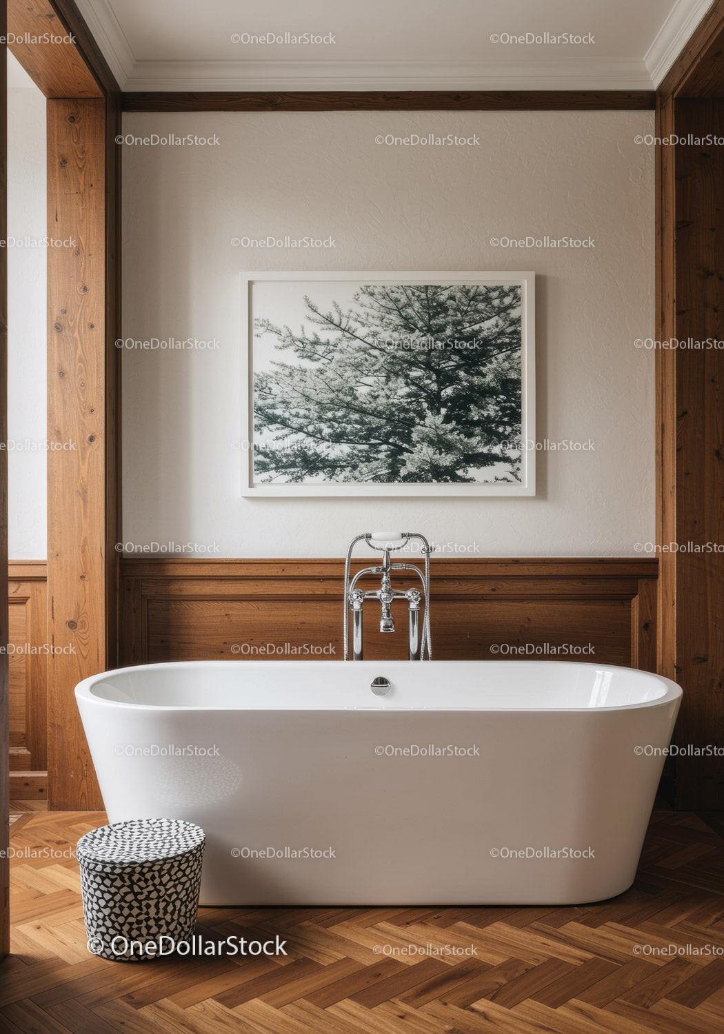 Modern Bathroom with Freestanding Bathtub and Wooden Wall Paneling