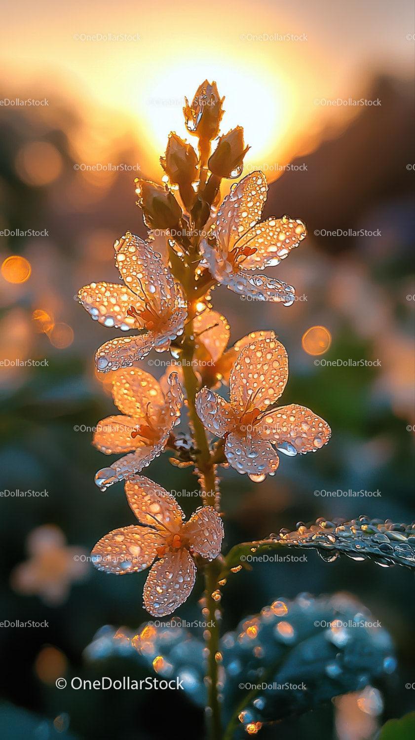 Sunrise Blooming Flower with Dew Drops in Stunning Backlit Scene