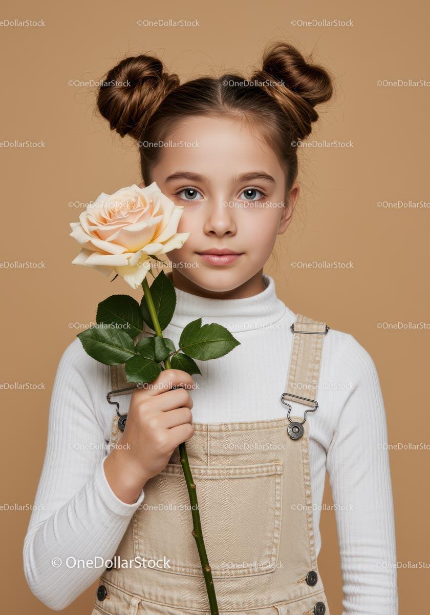 Young Girl with Rose Flower in Beige Overalls and White Turtleneck