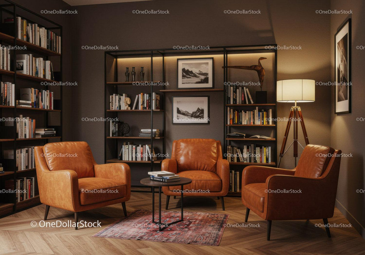 Cozy reading nook with leather chairs and warm lighting