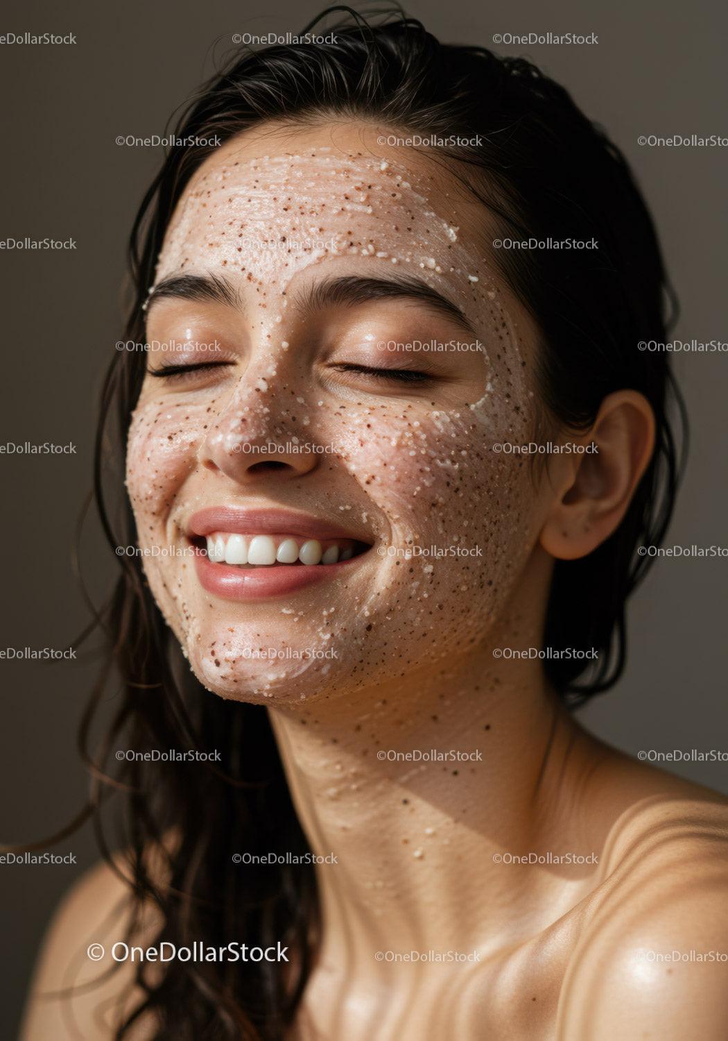 Close-Up of Smiling Woman with Facial Exfoliating Scrub