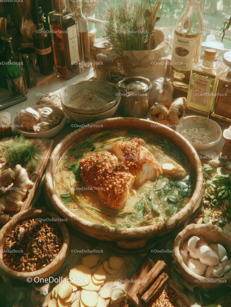 Herbal Asian Chicken Dish in Rustic Cooking Style