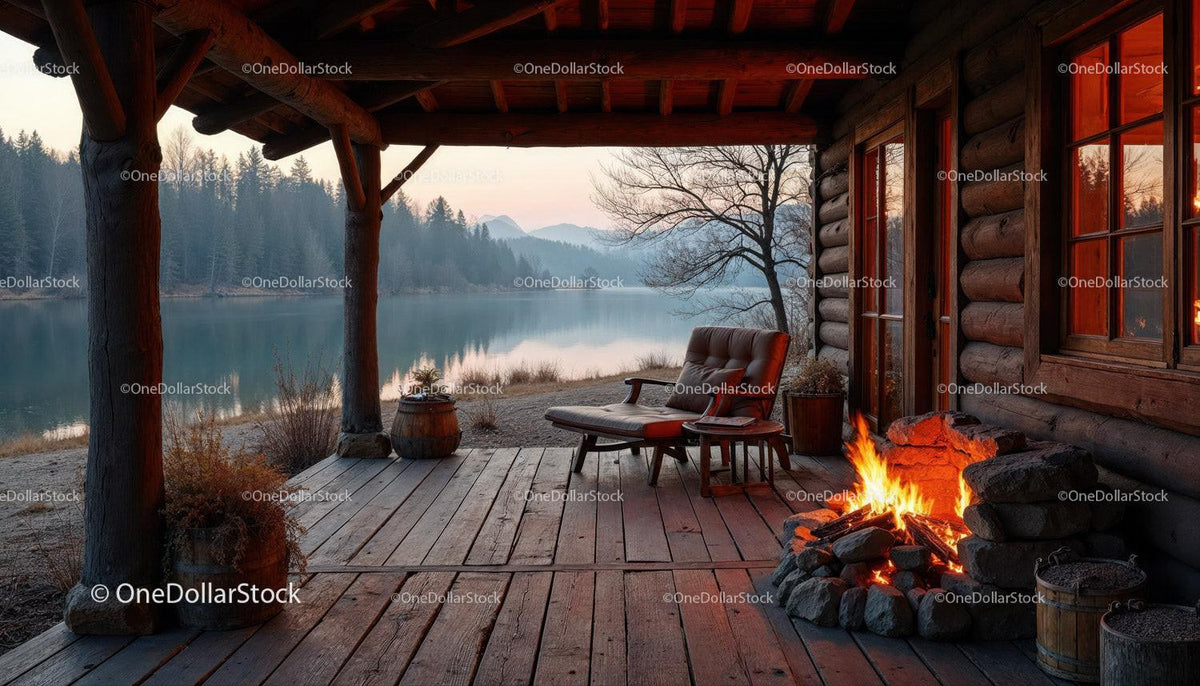 Rustic Cabin Porch with Firepit and Scenic River View Stock Photo Bundle preview 18
