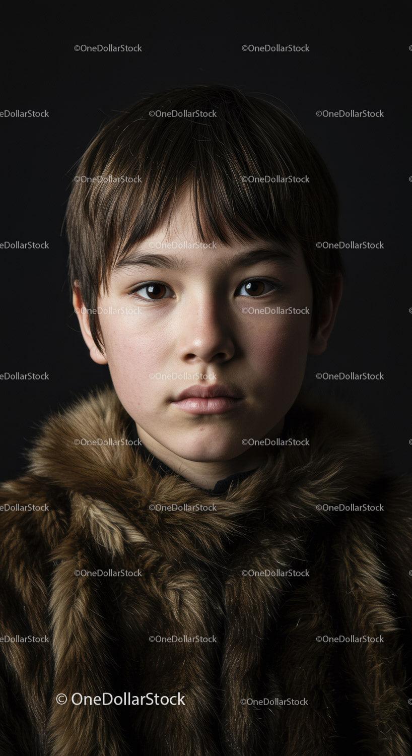 Young Boy Portrait in Fur Coat with Serious Expression