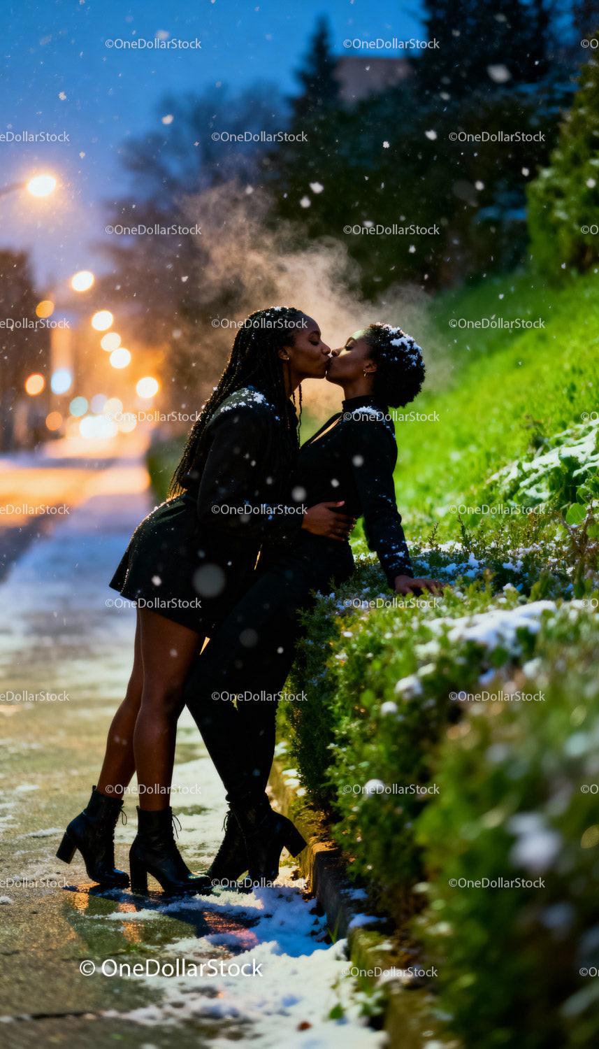 Couple Sharing Romantic Kiss on Snowy Winter Evening