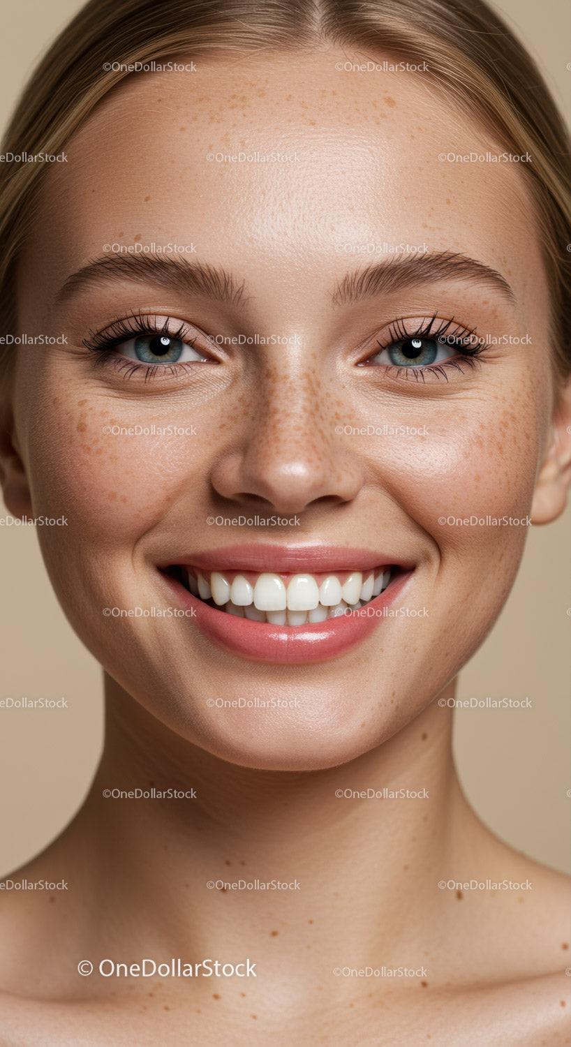 Close up portrait of smiling woman with freckles