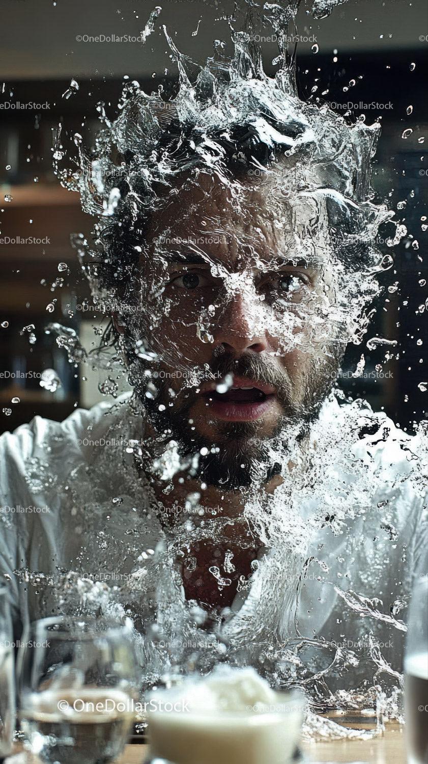 Bearded man getting splashed with clear water droplets indoors