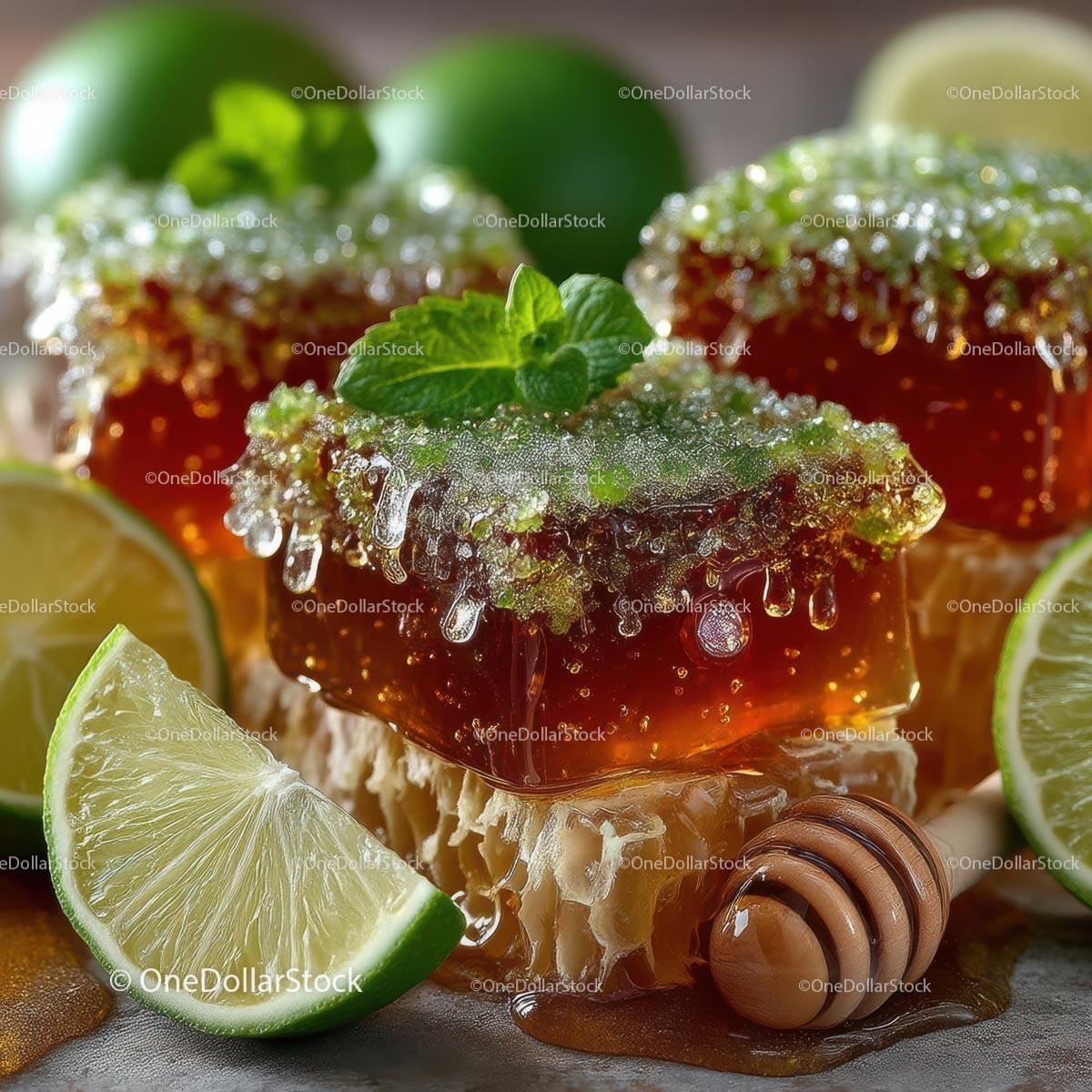 Delicious Honeycomb with Fresh Lime and Mint Leaves Stock Photo Bundle preview 26