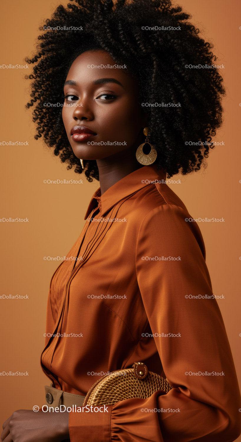 Elegant Black Woman with Natural Curly Hair in Satin Orange Blouse